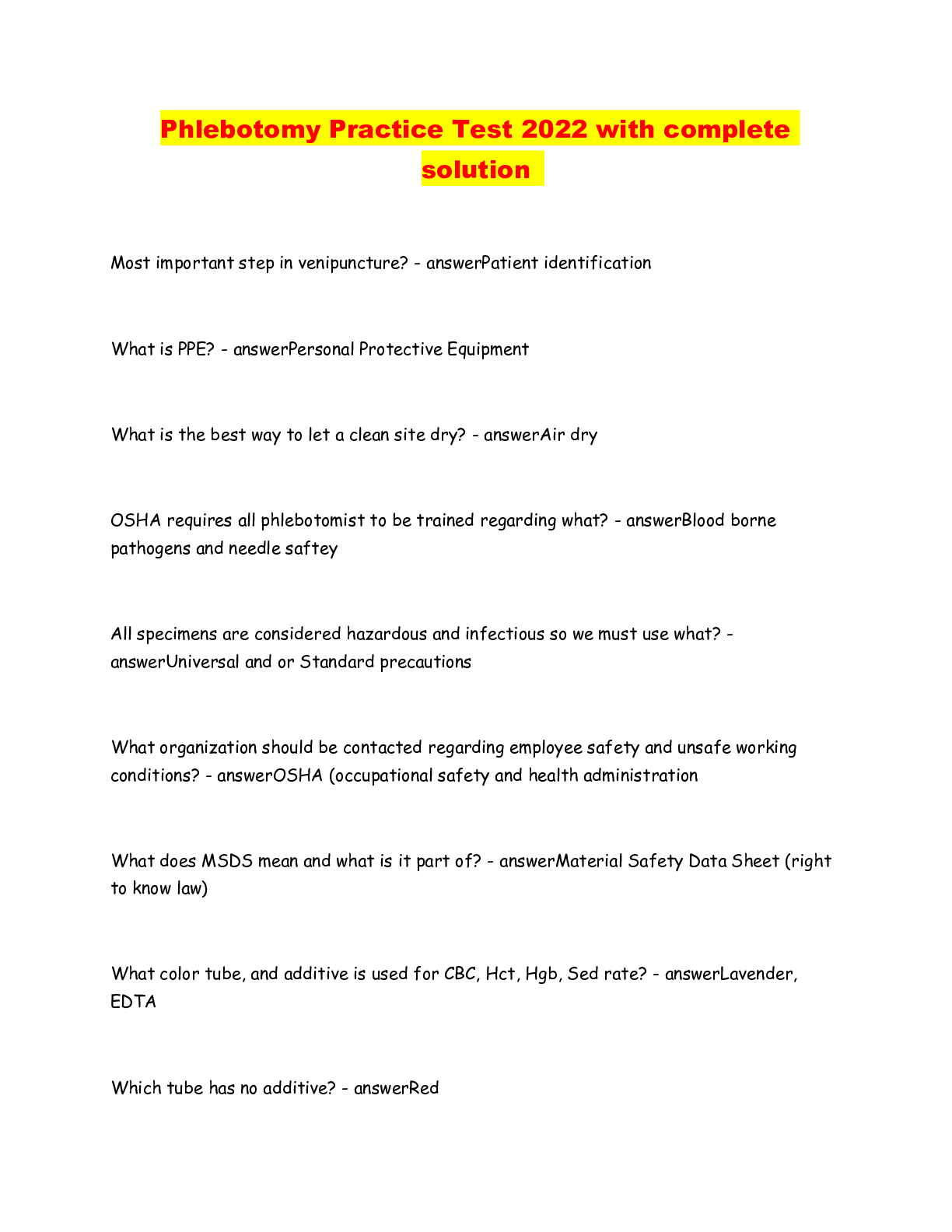 Preview image of Phlebotomy Practice Test 2022 with complete solution document